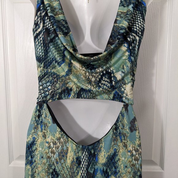 Marisa Kenson Teal Black Snakeskin Print Sleeveless Cut-Out Maxi Dress - XS NWT - Picture 11 of 13